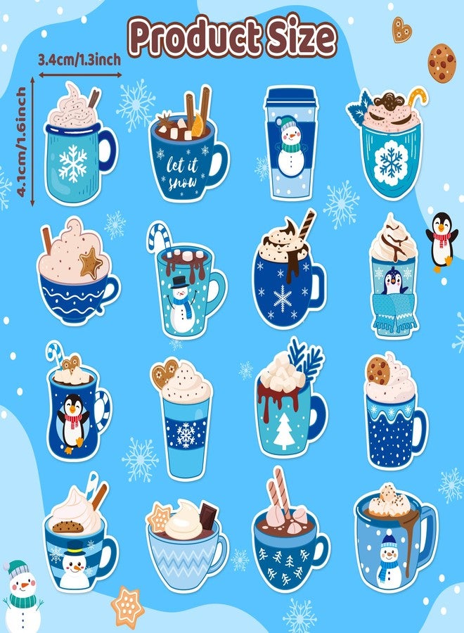 Haooryx Winter Latte Sticker Rolls - 1000Pcs Blue Color Mugs Latte Stickers in 16 Different Patterns, Self-Adhesive Vinyl Label Decals for Teens Adults Winter Holiday Party Supplies Laptop Scrapbook - Image 2